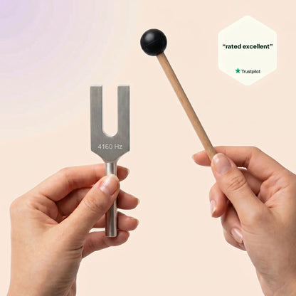 4160 Hz tuning fork and mallet held by hands with 'rated excellent' Trustpilot badge.