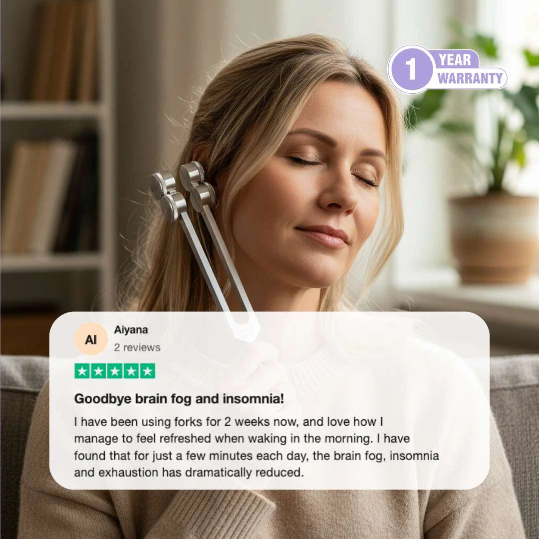 Woman using a weighted 64 Hz tuning fork near her ear for calming vibration therapy and nervous system relaxation