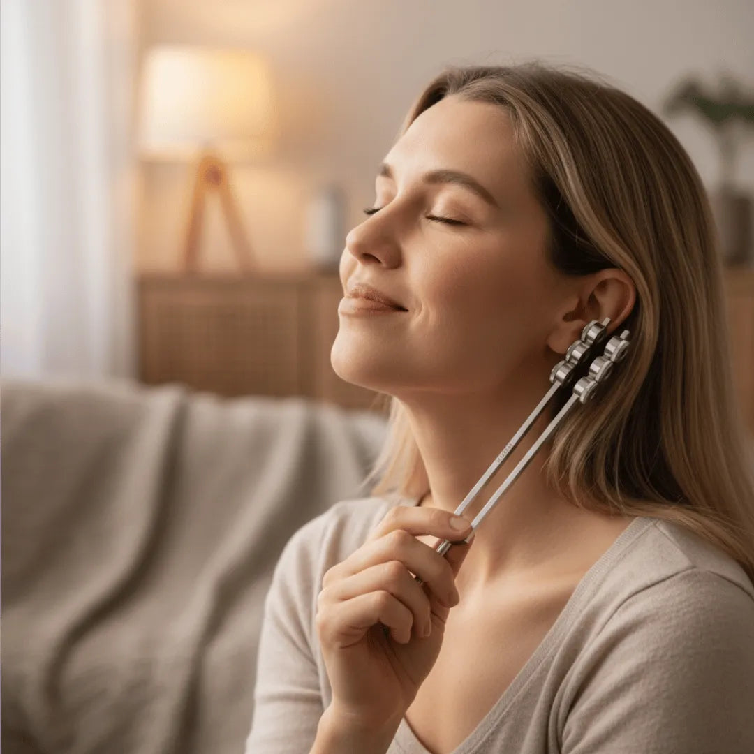 Woman using a weighted tuning fork on her neck for calming vibration therapy and stress relief