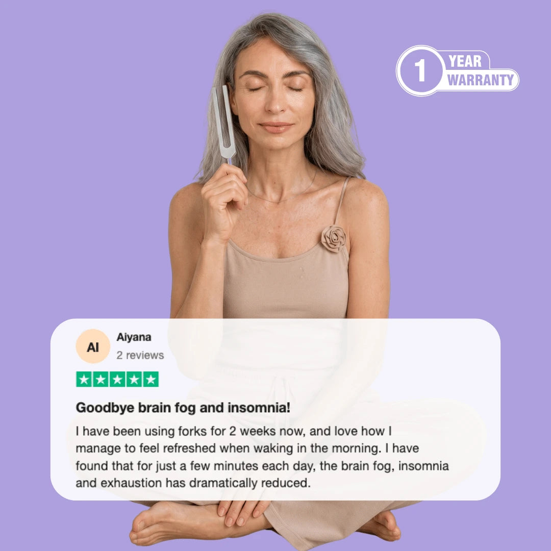 Woman using a tuning fork for sound therapy meditation with customer review about reduced brain fog and better sleep