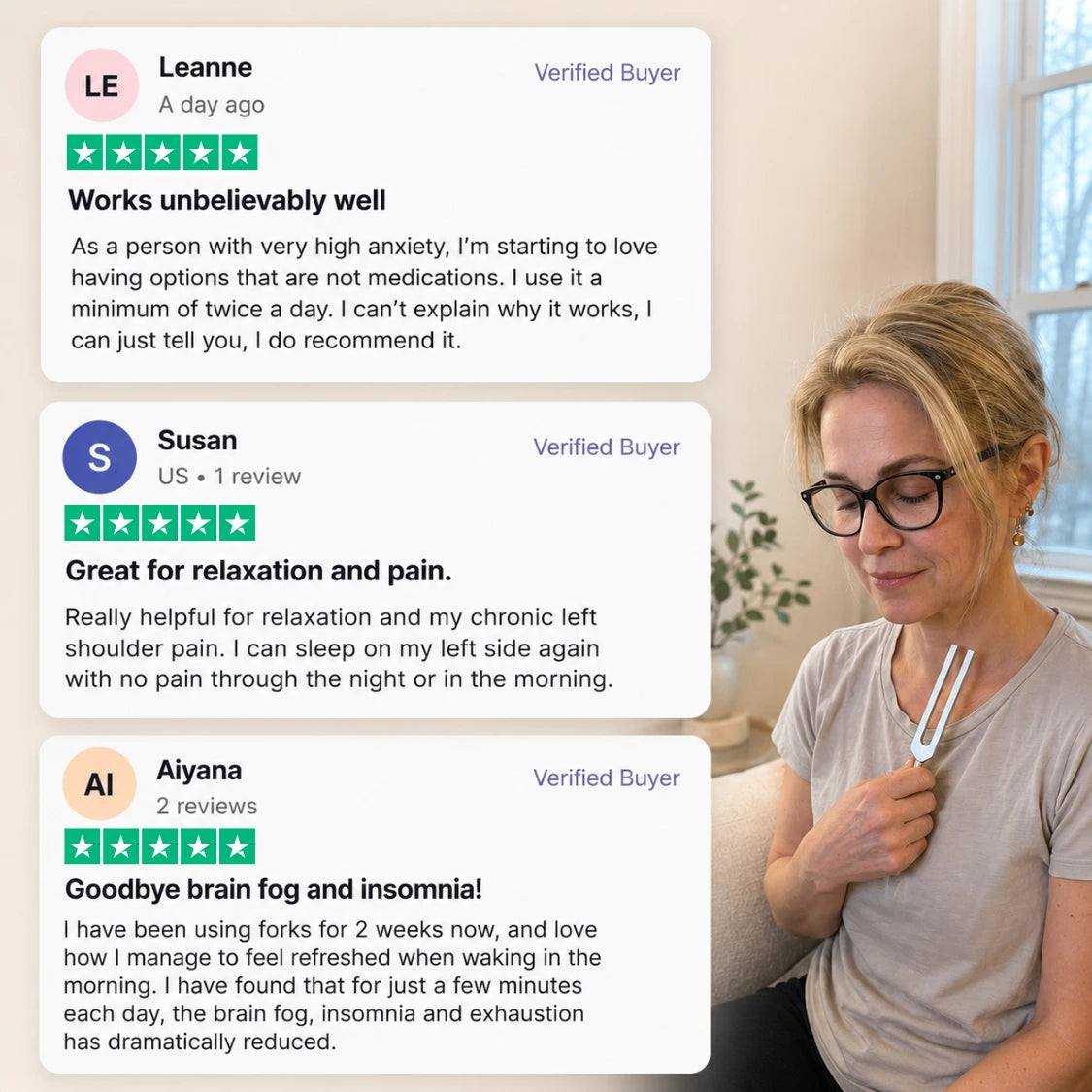 Woman holding a tuning fork with customer reviews displayed on screen