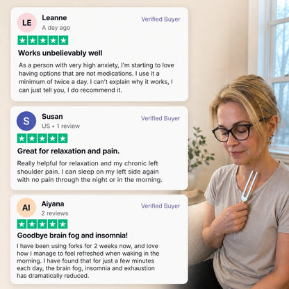 Woman holding a tuning fork with customer reviews displayed on screen