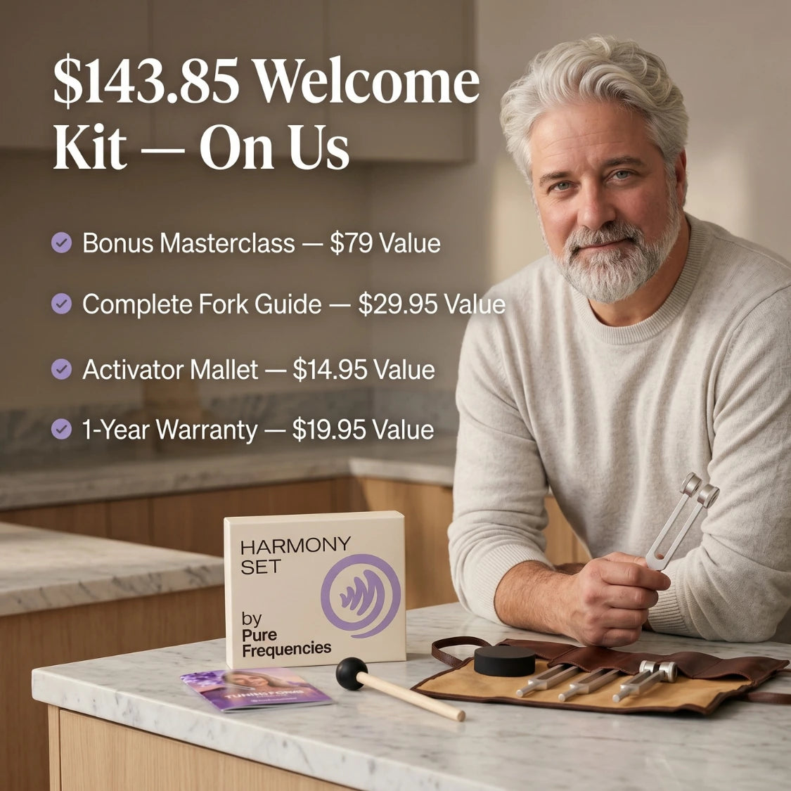 Man holding a tool with a Harmony Set by Pure Frequencies on a kitchen counter, promotional text overlay.