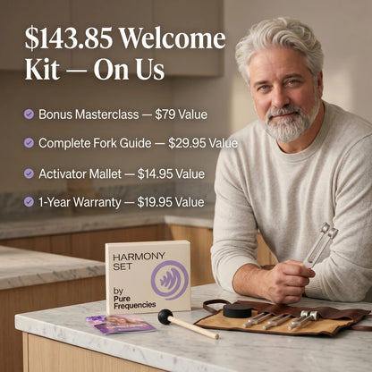Man holding a tool with a Harmony Set by Pure Frequencies on a kitchen counter, promotional text overlay.