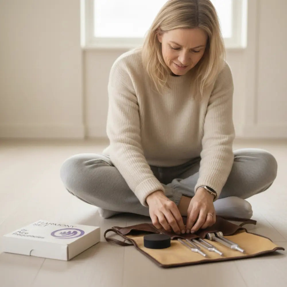 Woman preparing for a relaxing at-home sound healing session with tuning forks