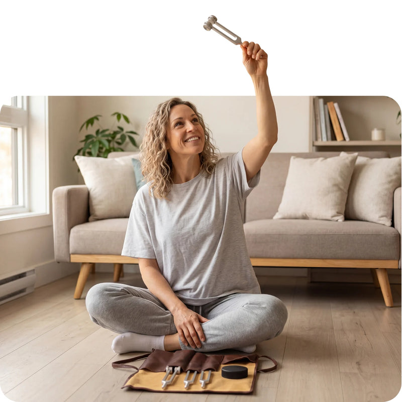 Woman sitting in a living room holding a pure frequencies tuning fork above her head.