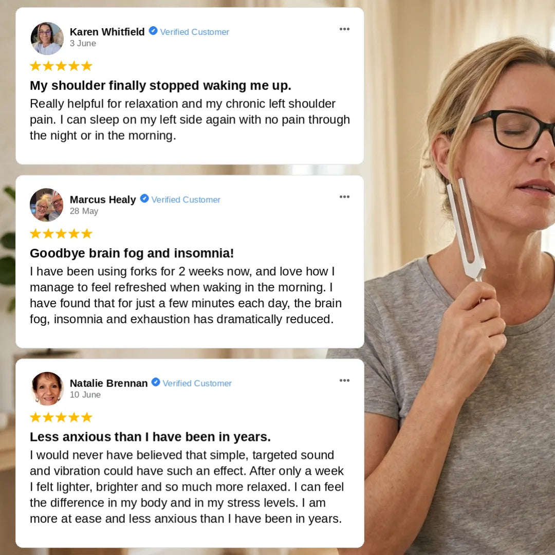 Woman using a pure frequencies tuning fork with customer testimonials displayed on screen.