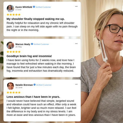 Woman using a pure frequencies tuning fork with customer testimonials displayed on screen.