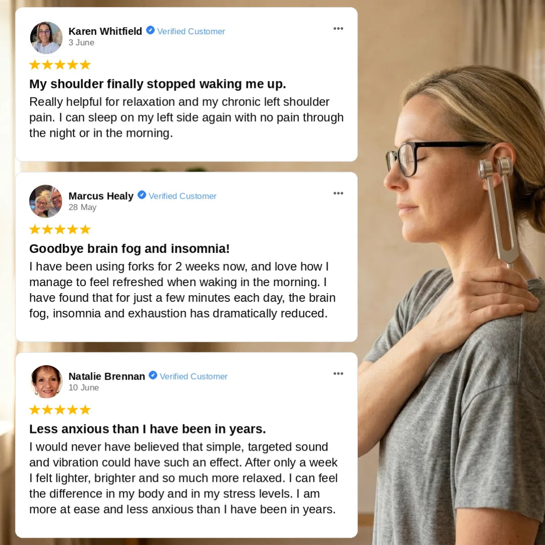 Woman using a pure frequencies tuning fork with customer testimonials displayed on screen.