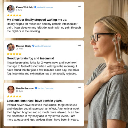 Woman using a pure frequencies tuning fork with customer testimonials displayed on screen.