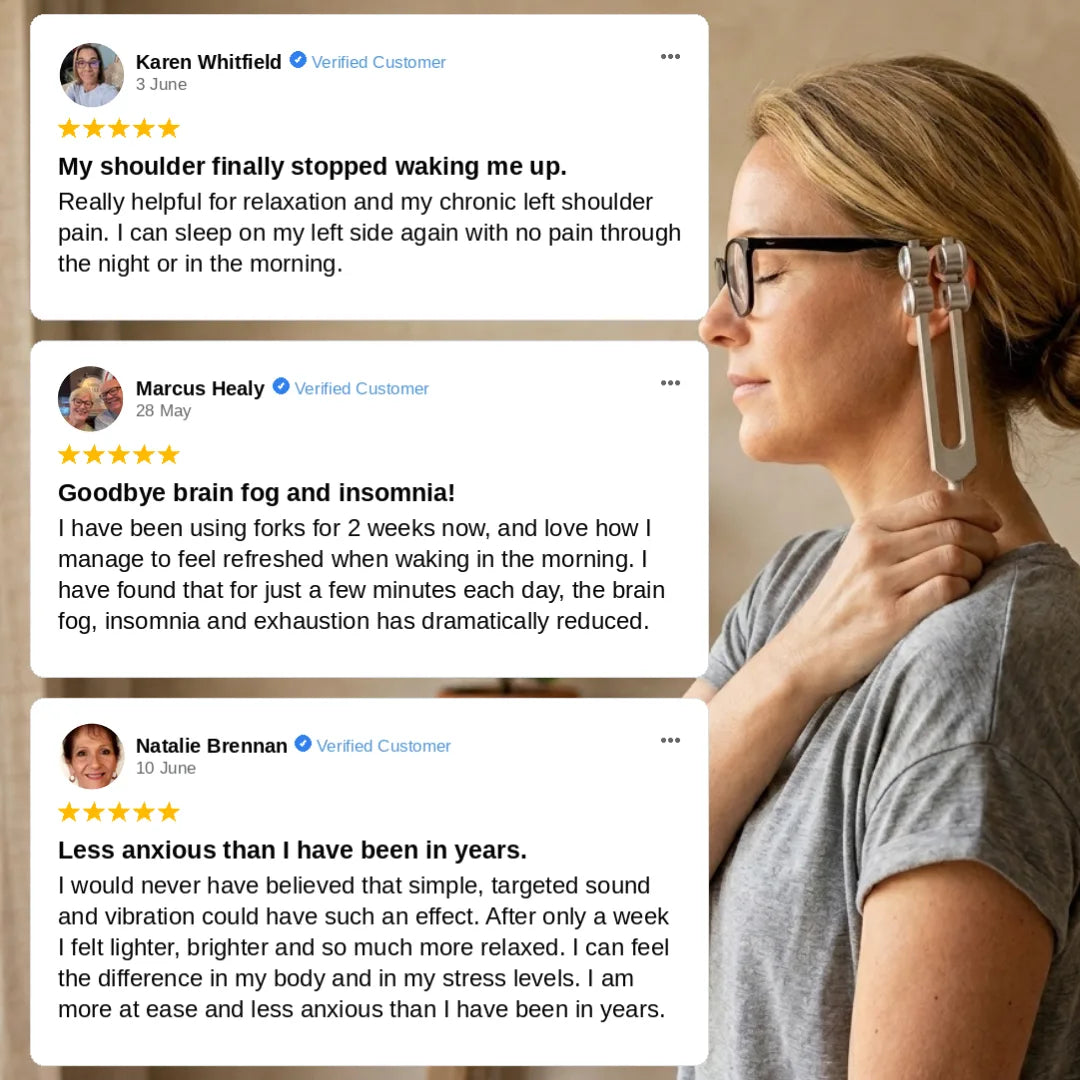 Woman using a pure frequencies 64 hz tuning fork with customer testimonials displayed on screen.