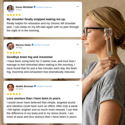 Woman using a pure frequencies 64 hz tuning fork with customer testimonials displayed on screen.