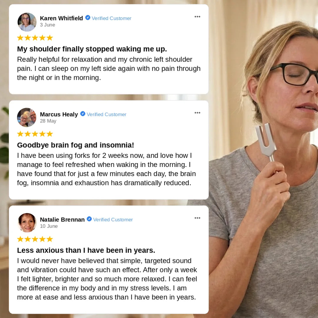 Woman holding a tuning fork with customer testimonials displayed above her.