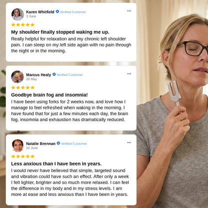 Woman holding a tuning fork with customer testimonials displayed above her.