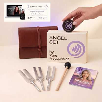 Angel Set by Pure Frequencies with tuning forks, mallet, and promotional material on a light background