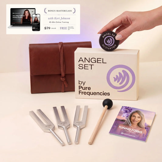 Angel Set by Pure Frequencies with tuning forks, mallet, and promotional material on a light background