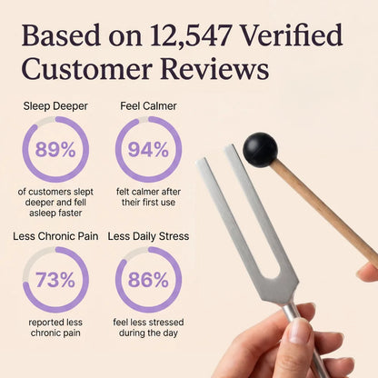 Pure Frequencies tuning fork held by a hand with customer review statistics on a beige background