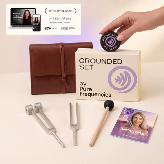 Grounded Set by Pure Frequencies with packaging, tuning forks, and accessories on a light background