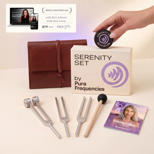 Serenity Set by Pure Frequencies with tuning forks, pouch, and promotional material on a light background